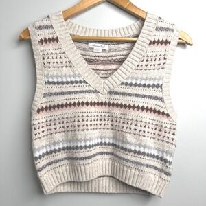American Eagle Knit Sweater Vest Womens M Brown Cream Striped Sleeveless Top